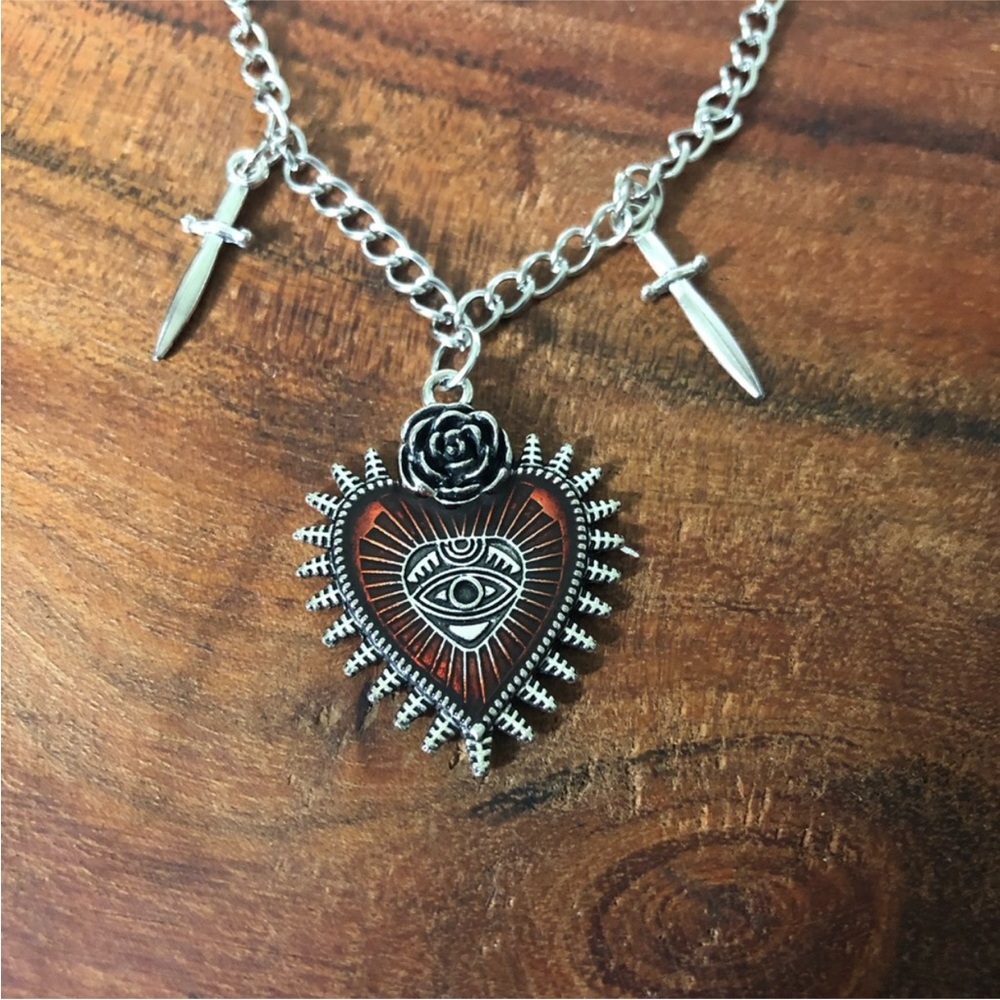 gothic silver-toned choker necklace red heart pendant Devil eye dagger charms. - Picture 5 of 9
